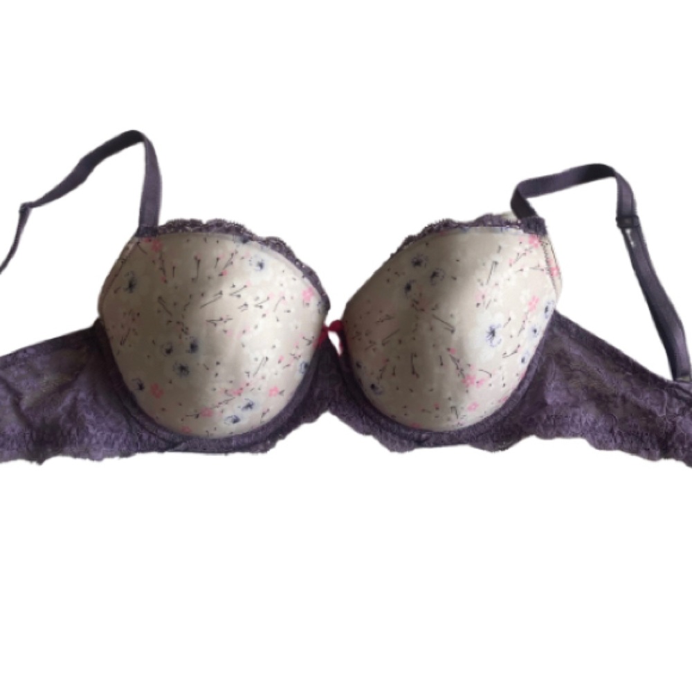 Victoria’s Secret pretty floral bra with rhinestones and purple lace trim.